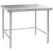 A rectangular Eagle Group stainless steel work table with open metal legs.