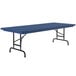 A blue rectangular Correll folding table with black legs.