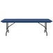 A blue rectangular Correll folding table with black legs.