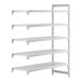 A white plastic Cambro Camshelving Premium add on unit with four shelves.