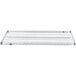 A Metro chrome wire shelf with metal rods on a white background.