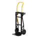 A black and yellow Harper hand truck with wheels.