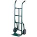 A green metal Harper hand truck with black wheels.