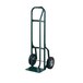 A green metal Harper hand truck with black balloon cushion wheels.