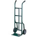 A green metal Harper hand truck with black wheels.