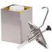 A white metal Carlisle condiment dispenser with a stainless steel pump.