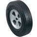 A black tire with a silver rim on a Harper hand truck wheel.