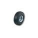A close-up of a black pneumatic wheel with a white background.