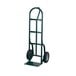 A green Harper steel hand truck with black balloon cushion wheels.