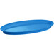 A sky blue cast aluminum oval platter with a handle.