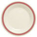A white GET Diamond Oxford melamine plate with a red rim.
