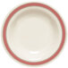 A white bowl with a red rim.