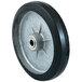 A black rubber wheel with a white rim on a Harper hand truck.