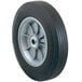 A black wheel with a gray rim on a Harper hand truck.