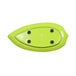 A green melamine platter with a leaf design and black dots.