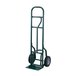 A green metal Harper hand truck with black pneumatic wheels.