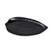 A black melamine leaf shaped platter with a black rim.