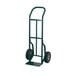 A green metal Harper hand truck with black wheels.