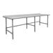 A long rectangular Advance Tabco stainless steel work table with an open base.