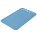 A rectangular robin egg blue Cambro tray on a counter.