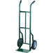 A green metal Harper hand truck with black wheels.