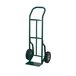 A green Harper steel hand truck with black pneumatic wheels.