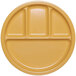 A yellow round melamine plate with four compartments.