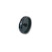 A black plastic wheel with a black center and a nut on a white background.
