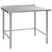 A Eagle Group stainless steel work table with an open base and backsplash.