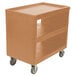 A coffee beige Cambro plastic service cart with three shelves and wheels.