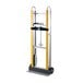 A yellow and silver Harper hand truck with wheels and a handle.