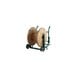 A Harper green hand truck with a wooden reel on it.