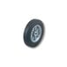 A close-up of a black wheel with a white rim on a white background.