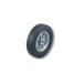 A close-up of a black wheel with a grey rim.