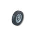A close-up of a black wheel with a grey rim on a Harper hand truck.