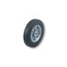 A close-up of a black wheel with a grey rim on a white background.