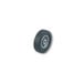 A close-up of a black wheel with a silver rim on a Harper hand truck.