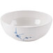 A white melamine bowl with blue bamboo design.