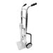 A close-up of a Harper aluminum hand truck with wheels and dual handles.