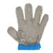 A Victorinox stainless steel mesh glove with a blue wristband.