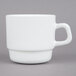 An Arcoroc white tall cup with a handle.