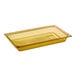 A rectangular amber Carlisle StorPlus plastic food pan with a lid.