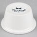 A white Tuxton China ramekin with black text.