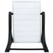 A white Aarco Rocker letterboard with black legs.