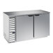 A stainless steel, counter-height back bar refrigerator with two solid doors and a vented side panel.