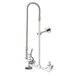 A T&S chrome wall mounted pre-rinse faucet with a hand held sprayer.