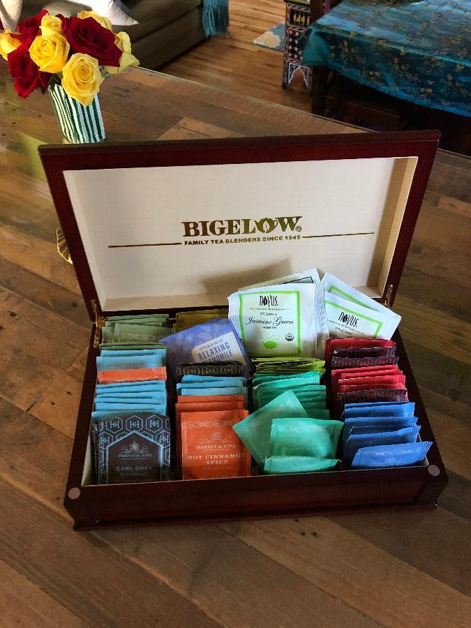 Bigelow Tea 8 Compartment Mahogany Wooden Tea Chest with Assorted Tea Bags