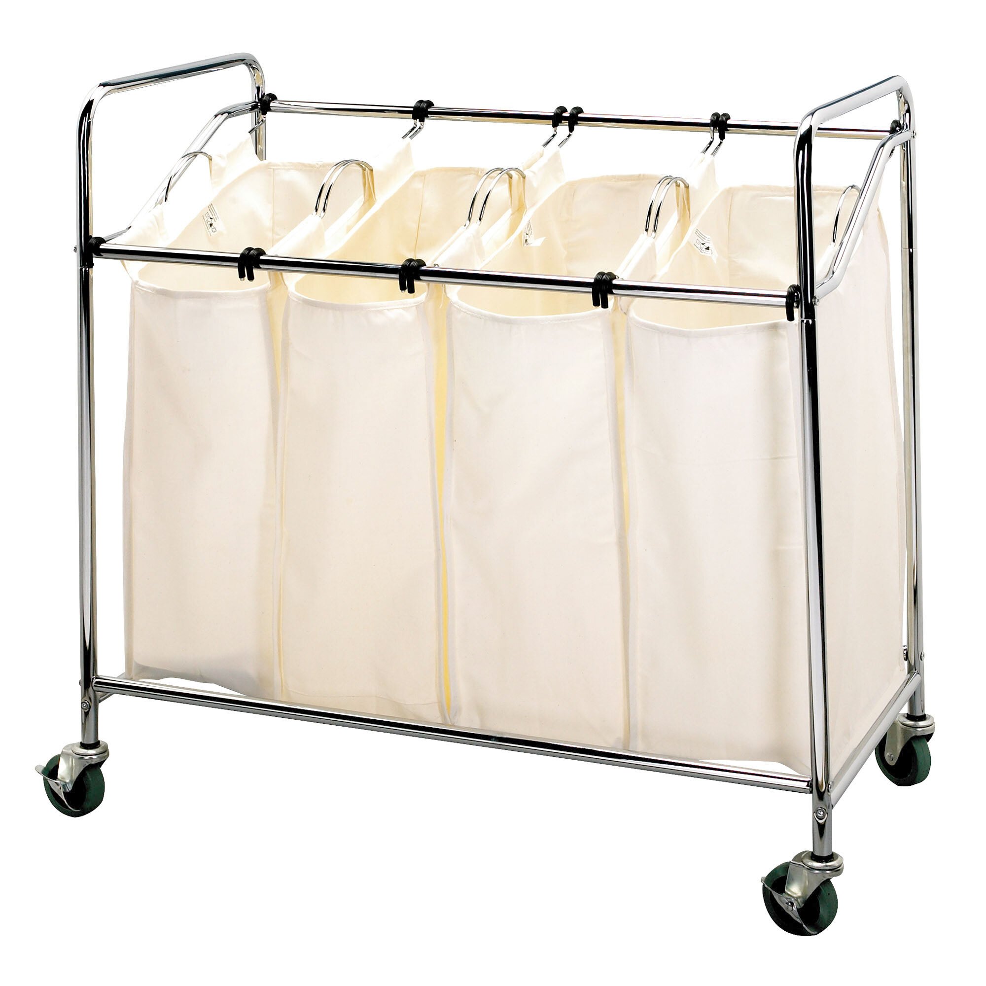 Chrome Laundry Cart, Four Compartment Cart with Canvas Bags