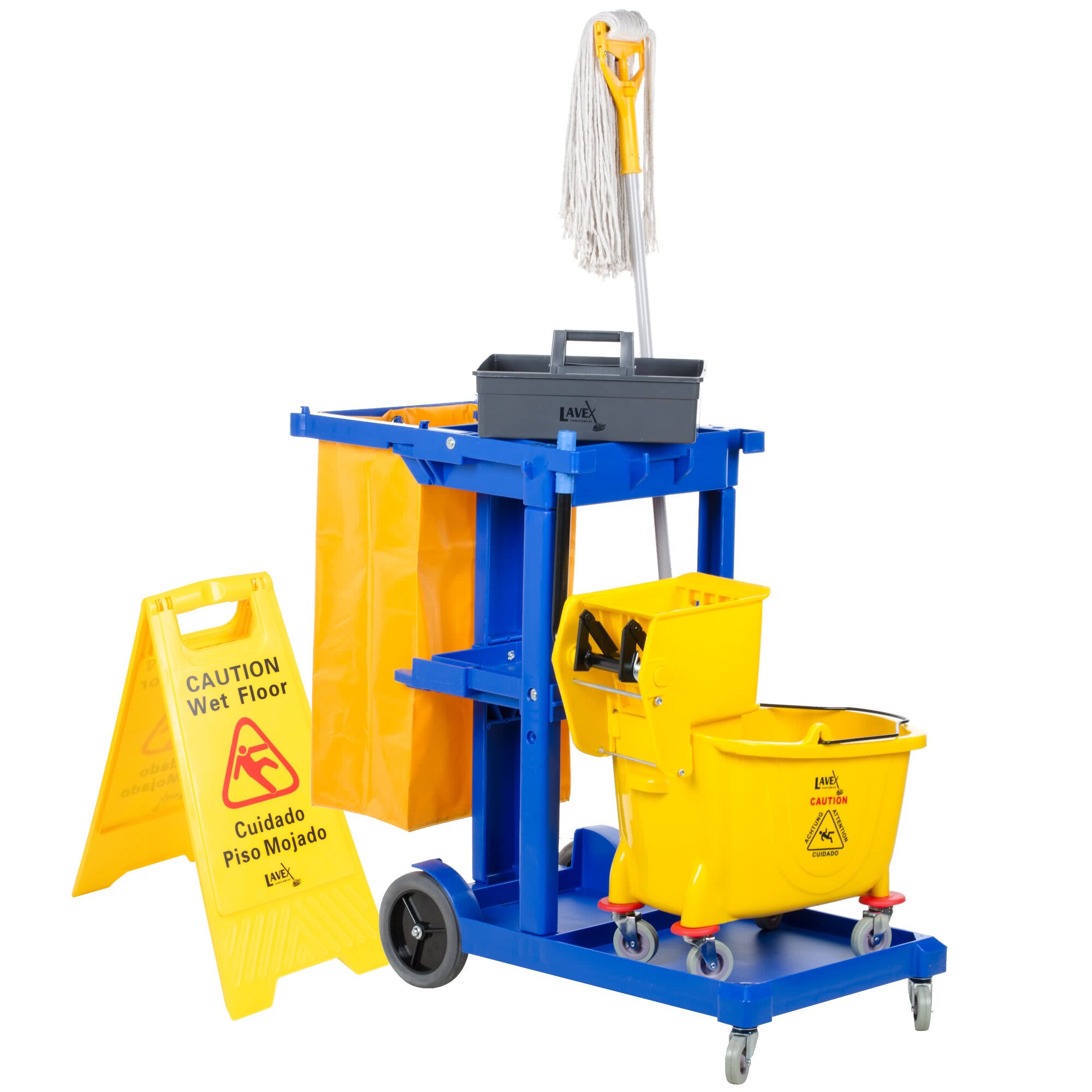 Lavex Janitorial Blue Cleaning / Janitor Cart Kit with Yellow Mop