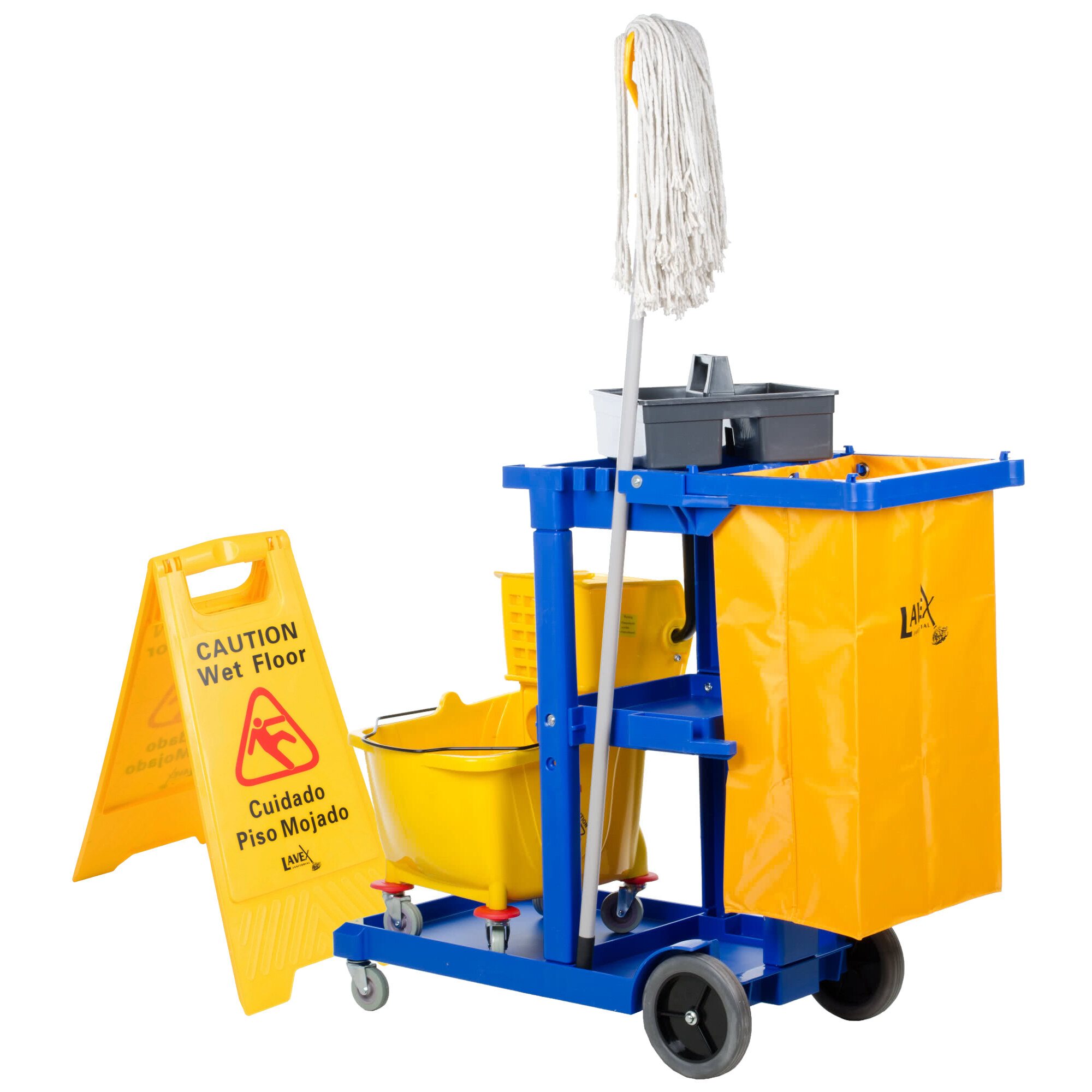 Lavex Janitorial Blue Cleaning / Janitor Cart Kit with Yellow Mop